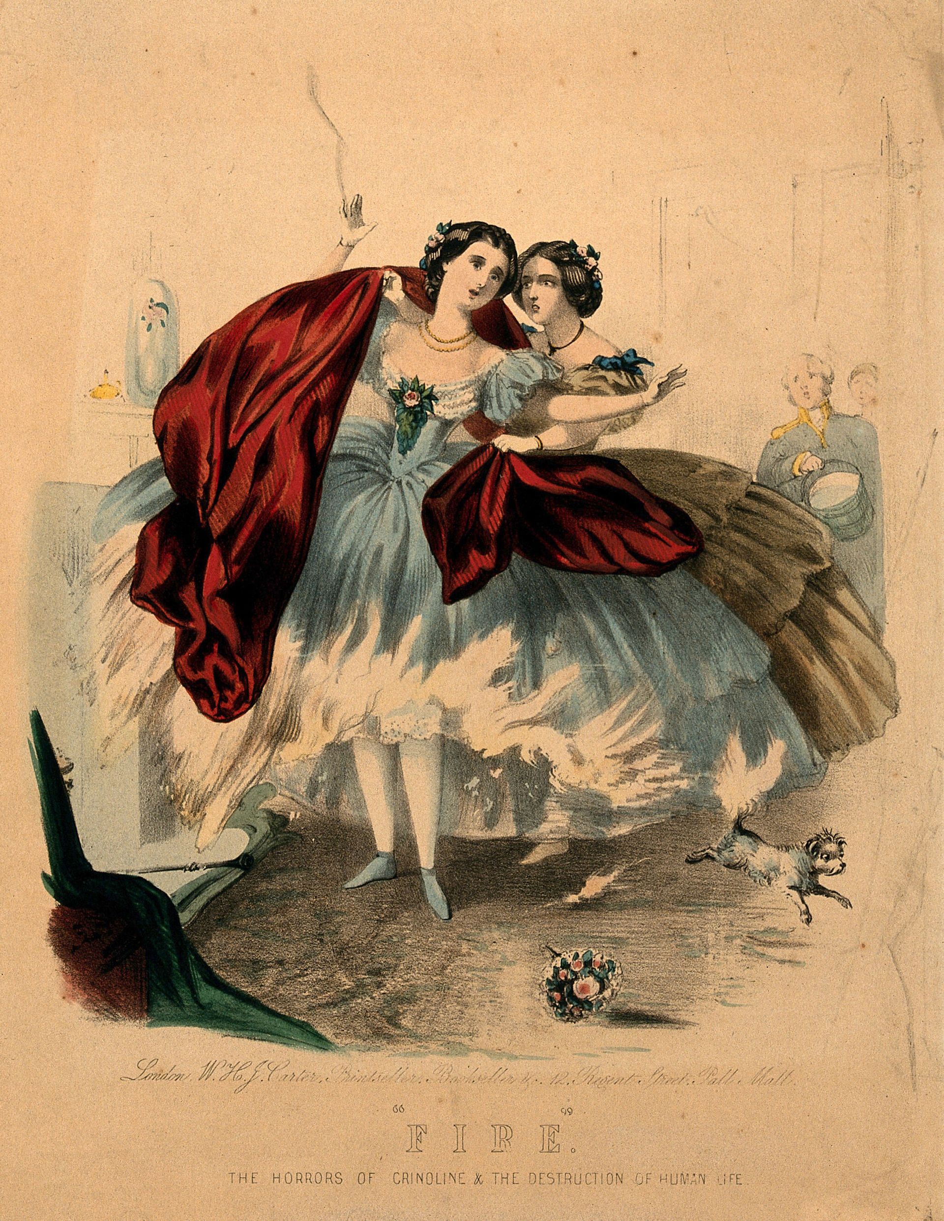 Colored illustration of two women in large crinoline dresses, with the skirt of a woman in blue catching fire