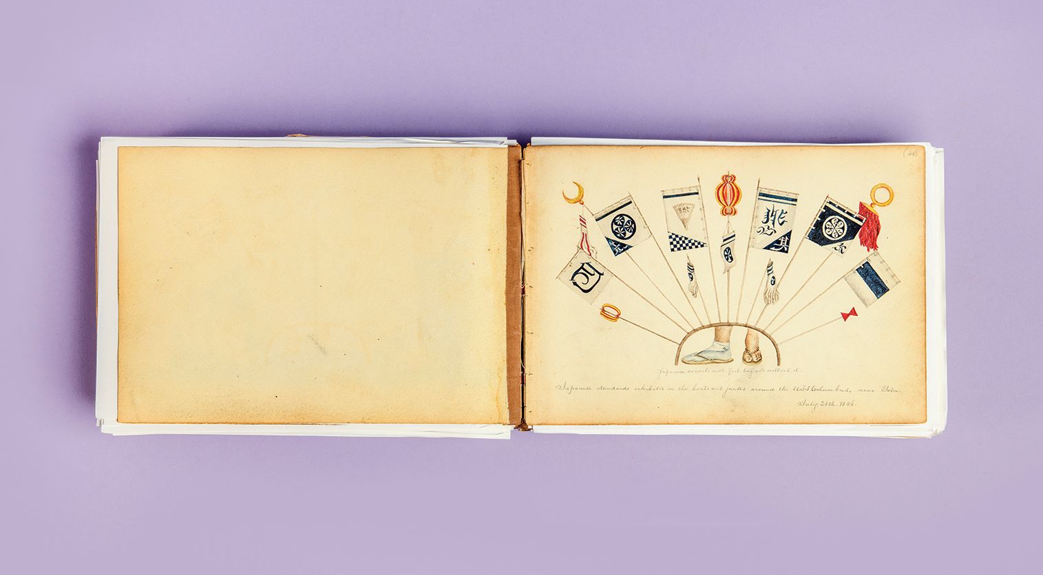 Journal laying open against purple background to show one page with colorful illustrations of various naval flags