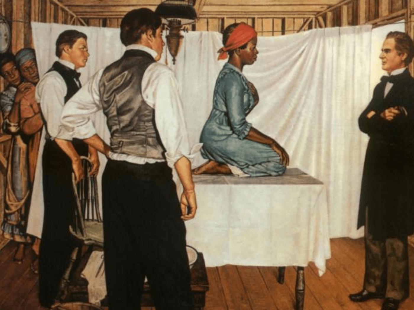 Portrait titled "Illustration of Dr. J. Marion Sims with Anarcha." An African American woman (Anarcha) kneels on a table covered in a white sheet. Around her are three white men (one on the right [Sims] and two on the left) looking at her. To the left of the portrait, two African American women look on from behind a white sheet. 