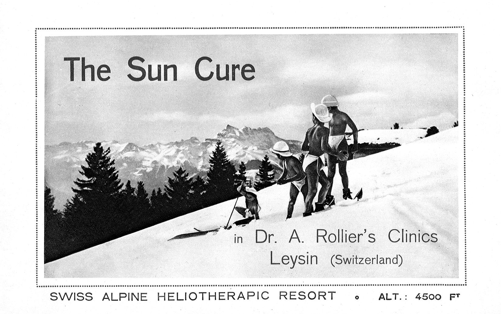 Black and white advertisement for "The Sun Cure" with image of people skiing