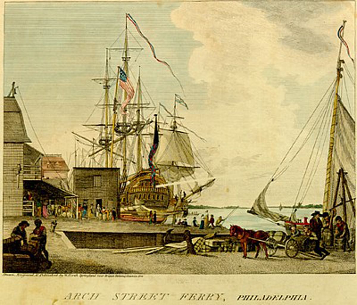 Historical color llustration of a ship with the text "ARCH STREET FERRY, PHILADELPHIA"